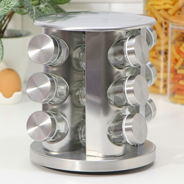 Набор для специй из стекла на подставке &laquo;Профи&raquo;, 19&times;20 см, 12 шт, цвет серебряный