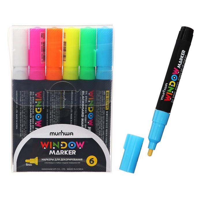 Набор меловых маркеров 6 цветов MunHwa Набор меловых маркеров 6 цветов MunHwa "Window", яркие цвета, для любых поверхностей