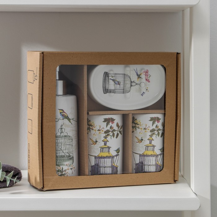 Набор аксессуаров для ванной комнаты &laquo;Клетка&raquo;, 4 предмета (дозатор 300 мл, мылница, 2 стакана), цвет белый