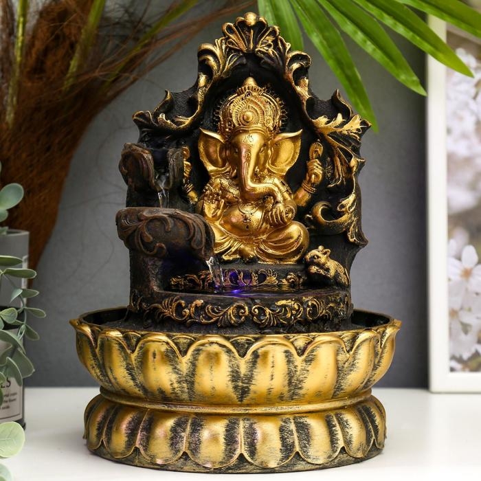 Фонтан настольный от сети, подсветка Фонтан настольный от сети, подсветка "Золотой Ганеша на ажурном троне" 28х20,5х20,5 см