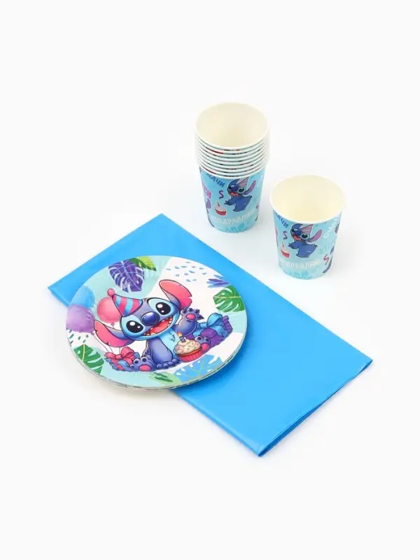 Посуда одноразовая бумажная на 10 персон: стаканы, тарелки, скатерть, Стич