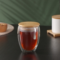 Стакан стеклянный с двойными стенками и бамбуковой крышкой BellaTenero &laquo;Эко&raquo;, 330 мл