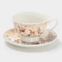 Чайная пара новогодняя &laquo;Лесное чудо&raquo;, 2 предмета: чашка 180 мл, блюдце d=15 см, керамика, подарочная упаковка, бежевая