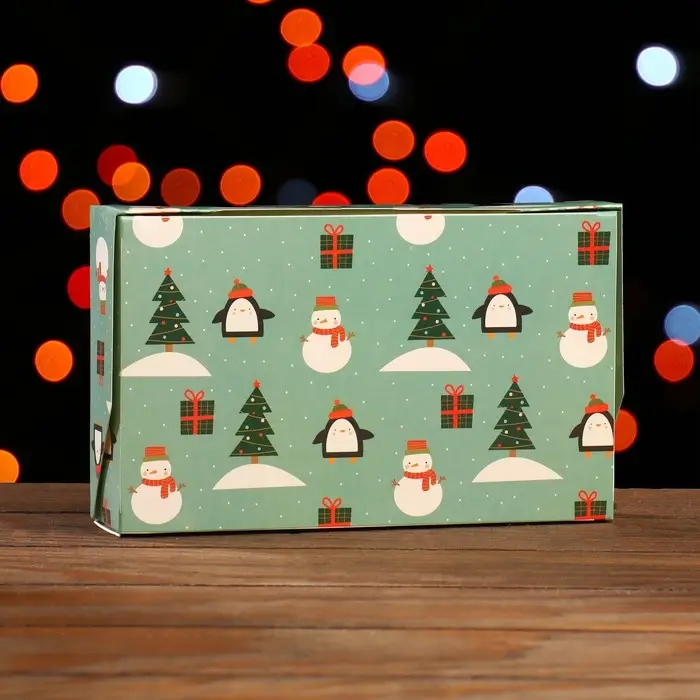 Коробка складная &laquo;Пингвины и снеговики&raquo;, зеленая, 20&times;12&times;4 см