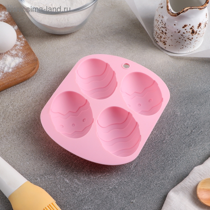 Форма для выпечки Доляна &laquo;Пасха. Пасхальное яйцо&raquo;, 15&times;12,6&times;2,5 см, 4 ячейки, силикон, бирюзовая