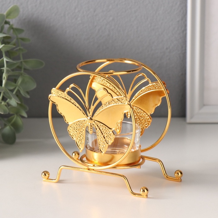 Подсвечник металл на 1 свечу "Бабочка в круге" d=4,5 см золото 6,2х11,2х10,5 см
