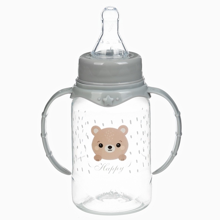 Бутылочка для кормления &laquo;Happy&raquo; 150 мл, цилиндр, с ручками, цвет серый