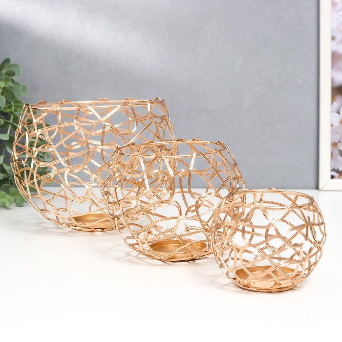 Подсвечник металл Подсвечник металл "Лофт. Переплетение" золото набор 3 шт 7х9х9 10х12,5х12,5 13х16х16 см