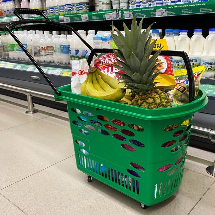 Корзина-тележка на 4 колесах пластиковая, 38 л, с 2 пластиковыми ручками, цвет зелёный Корзина-тележка на 4 колесах пластиковая, 38 л, с 2 пластиковыми ручками, цвет зелёный