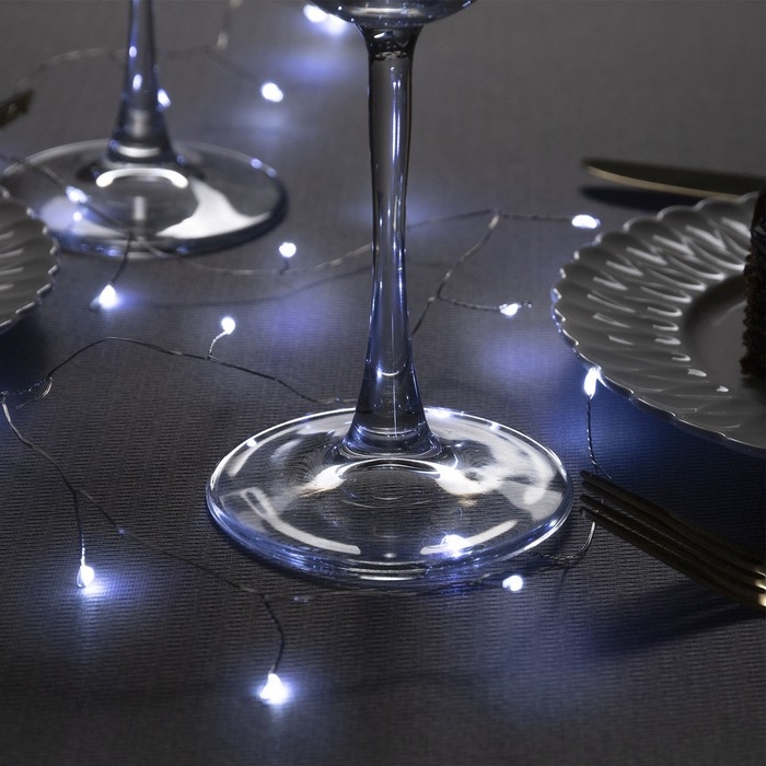 Гирлянда &laquo;Мишура&raquo; 1 м роса, IP20, серебристая нить, 20 LED, батарейки CR2032х2 (в комплекте), свечение белое