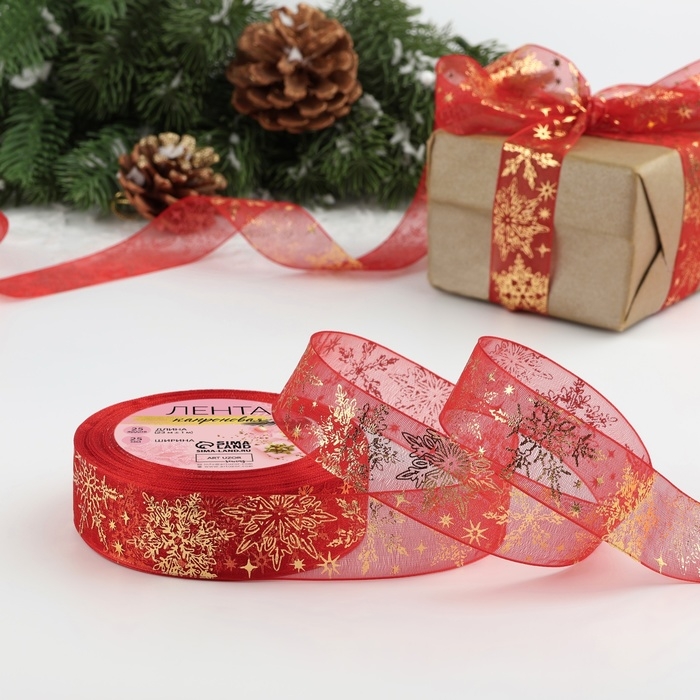 Новый год! Лента капроновая с тиснением &laquo;Фигурные снежинки&raquo;, 25 мм &times; 23 &plusmn; 1 м, цвет красный/золотой