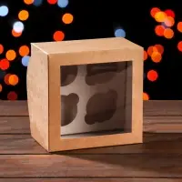Упаковка на 4 мини - капкейка крафт с окном, 13&times;13&times;8 см