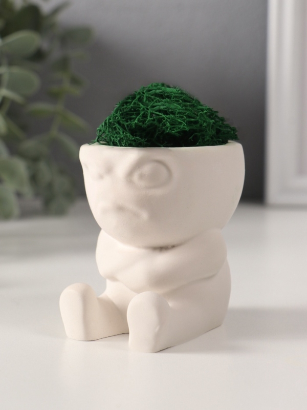 Кашпо бетонное "Мистер Зло" со мхом 7*6*6,5 см белый (мох зеленый стабилизированный)