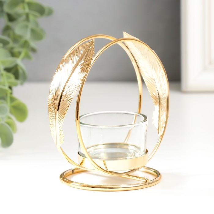 Подсвечник металл, стекло на 1 свечу Подсвечник металл, стекло на 1 свечу "Пёрышки" d-4 см золото 7,5х10х11 см