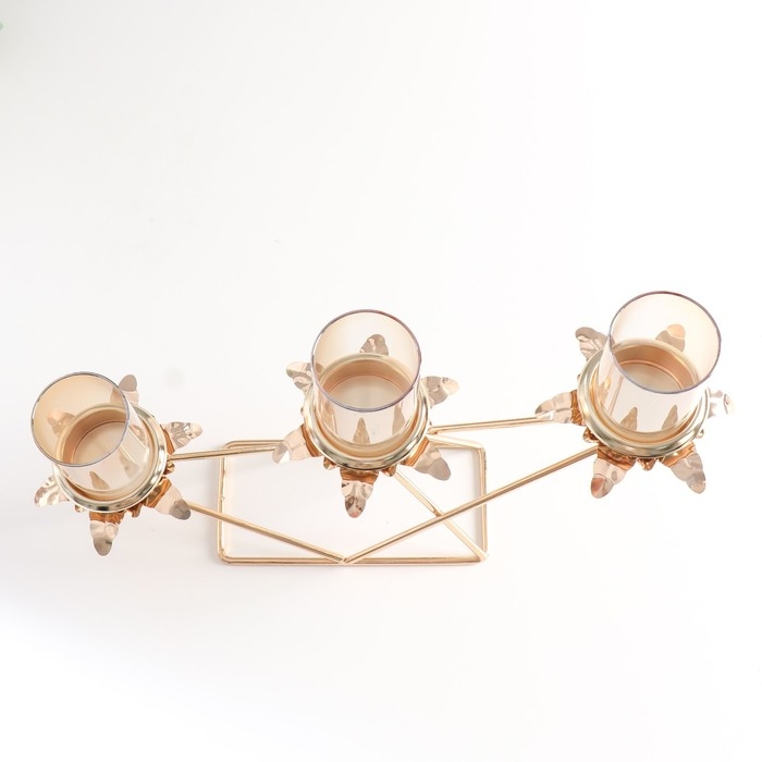 Подсвечник металл, стекло на 3 свечи "Ветви с листиками. Геометрия" d-5 см золото 35х8х26 см   94487