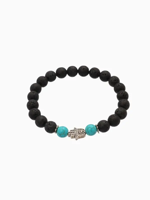 Браслет "Хамса" камень пирит, лава, длина 18 см, цв. чёрный, бирюзовый