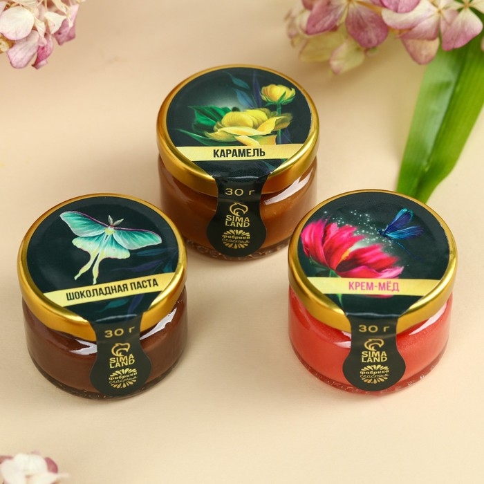Подарочный набор «8 марта»: шоколадная паста 30 г., карамель со вкусом солёной карамели 30 г., крем-мёд с клубникой 30 г. Подарочный набор «8 марта»: шоколадная паста 30 г., карамель со вкусом солёной карамели 30 г., крем-мёд с клубникой 30 г.