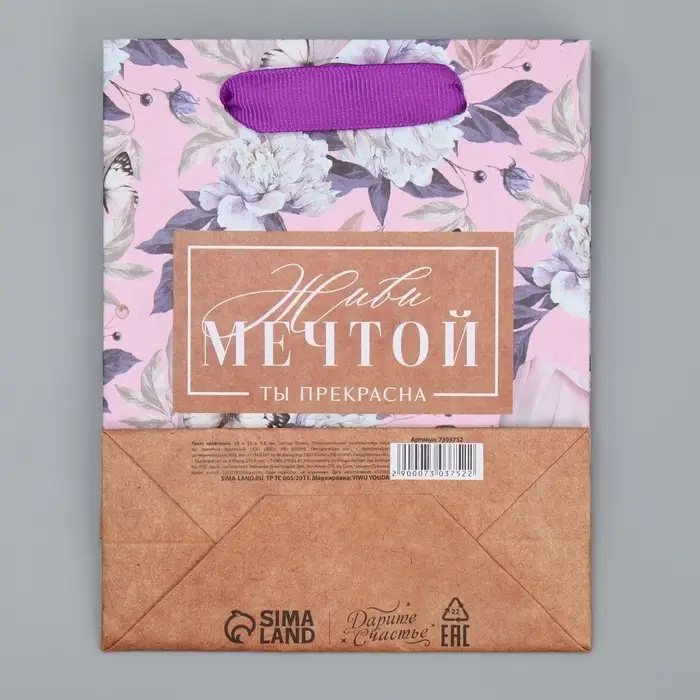 Пакет подарочный крафтовый, упаковка, &laquo;Живи мечтой&raquo;, S 12 х 15 х 5.5 см