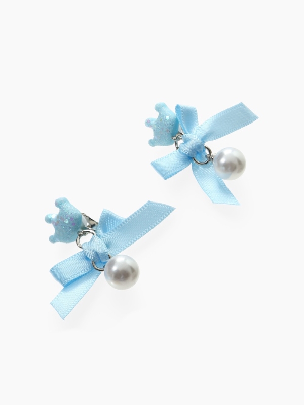 Серьги-клипсы детские "Выбражулька" корона с бантом и жемчужиной, цвет голубой-белый