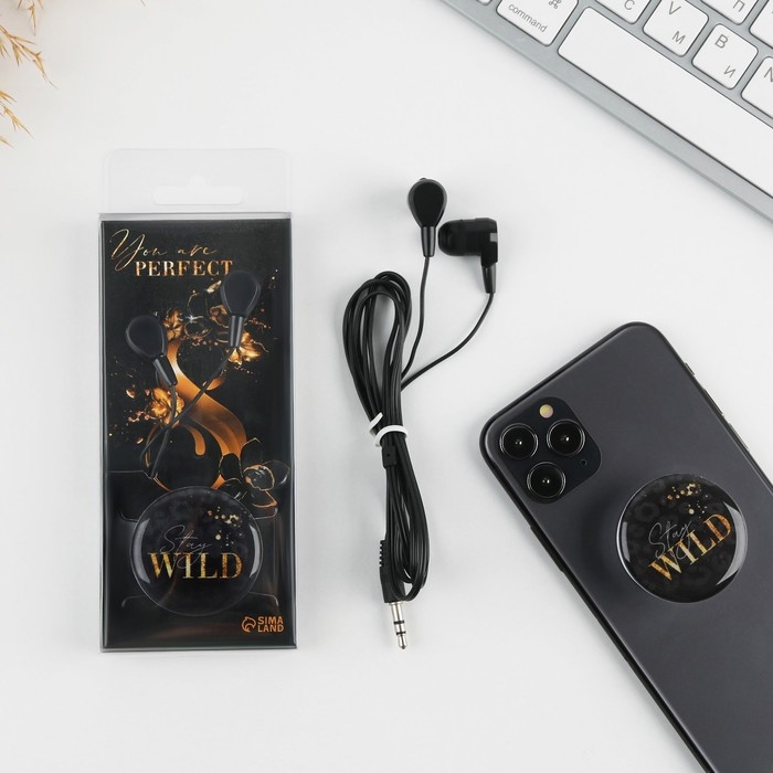 Подарочный набор: наушники и попсокет &laquo;Stay wild&raquo;, модель VBT 1.28, 13,5 х 6 см.