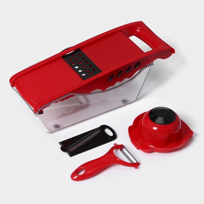 Тёрка с лотком Доляна Vegan, 6 насадок, 30&times;10,5&times;11 см, цвет зелёный, овощечистка металлическая, цвет красный