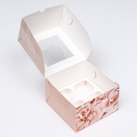 Коробка для 4 капкейков с окном , "Пионы", 16 х 16 х 10 см