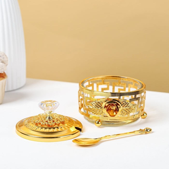 Сахарница &laquo;Роза&raquo; с ложкой, 200 мл, 9&times;10 см, цвет золотой