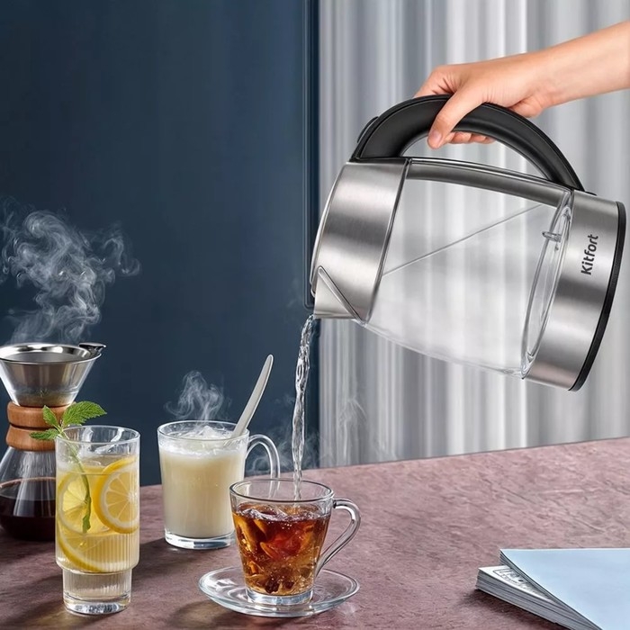 Чайный набор Kitfort КТ-6608, стекло, 1.7/1 л, 2200 Вт, регулировка t&deg;, дисплей, чёрный