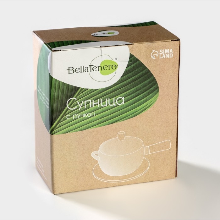 Супница фарфоровая с ручкой на бамбуковой подставке BellaTenero, 400 мл, 20,5&times;11,5&times;6,5 см, цвет белый