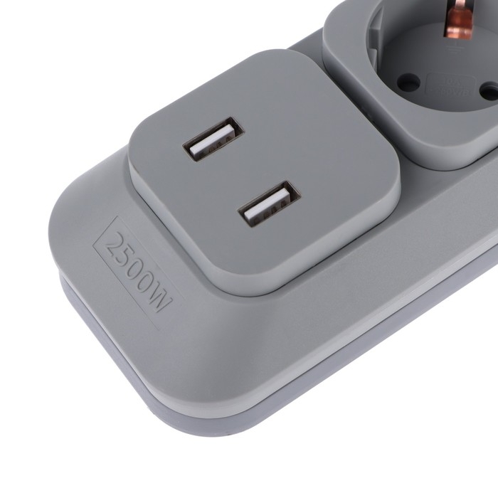 Сетевой фильтр Uniel Lux, 4 розетки, USB 2.1 А, 3 м, 10 А, 2500 Вт, ПВС 3х0.75, с з/к, серый