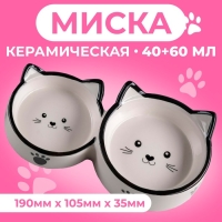 Миска керамическая "Кошачье семейство" 40/60 мл  двойная 19 х 10,5 х 3,5 см, бело-чёрная