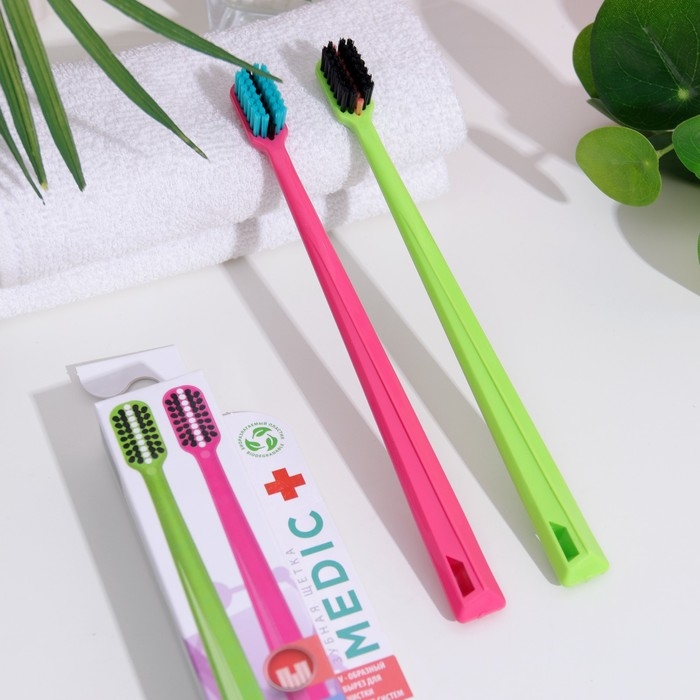 Зубная щетка &laquo;Медик&raquo; для брекет-систем, биоразлагаемая, зеленый + розовый, 2 шт.