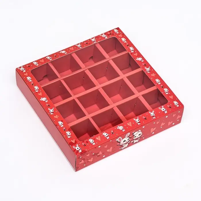 Коробка под 16 конфет, красная &laquo;Зайки&raquo; 17.7&times;17.7&times;3.8 см