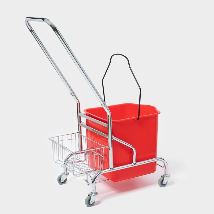 Тележка уборочная одноведерная с вертикальным и сеткой, красное ведро 25 л, хромированная рама Тележка уборочная одноведерная с вертикальным и сеткой, красное ведро 25 л, хромированная рама