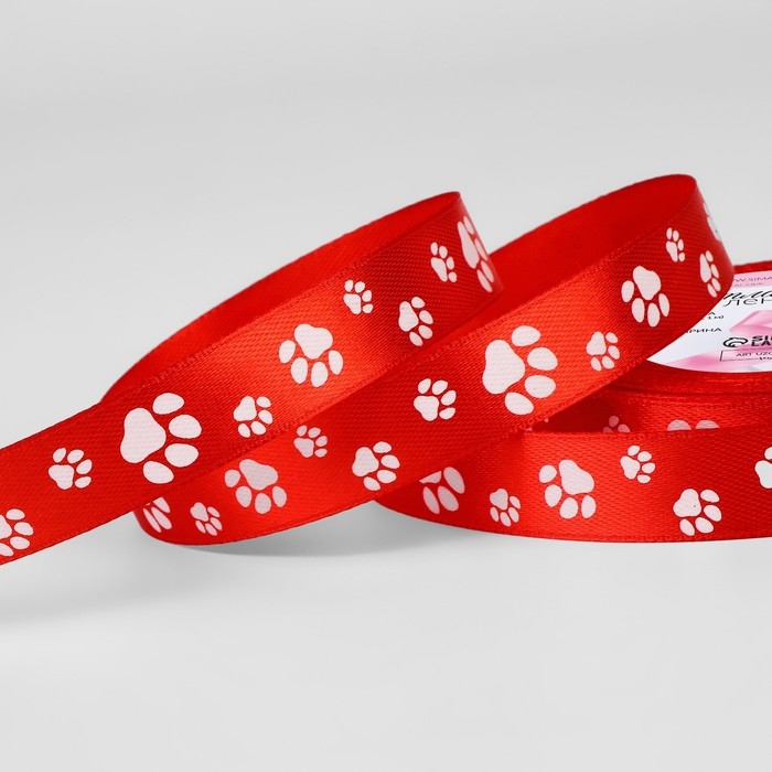 Лента атласная &laquo;Лапки&raquo;, 15 мм, 23 &plusmn; 1 м, цвет красный №026