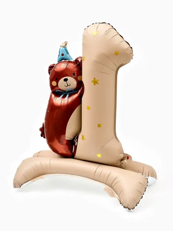 Воздушный шар фольгированный 32" "Цифра 1 с мишкой"  цвет бежевый, под воздух