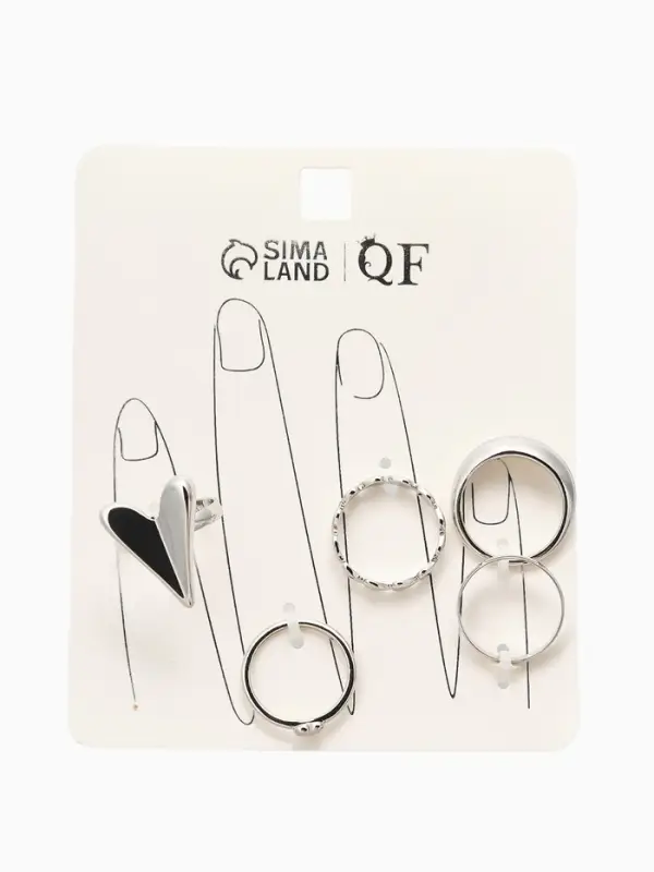 Набор колец 5 шт "Новый стиль" сердечки, размер МИКС, цвет серебро