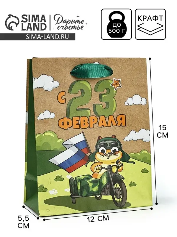 Пакет подарочный крафтовый &laquo;23 февраля&raquo;, S 12 х 5.5 х 15 см