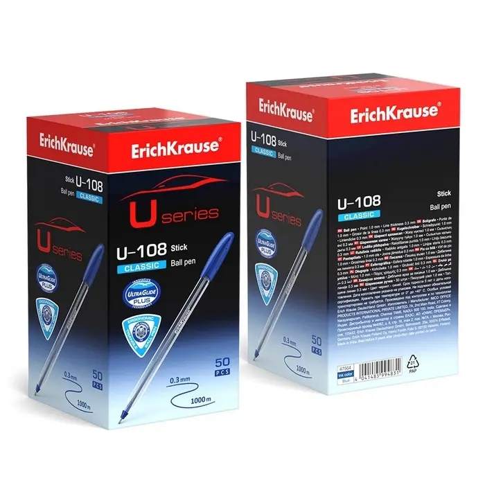 Ручка шариковая ErichKrause U-108 Classic Stick, игольчатый узел 1.0 мм, чернила синие, ультра-мягкое письмо
