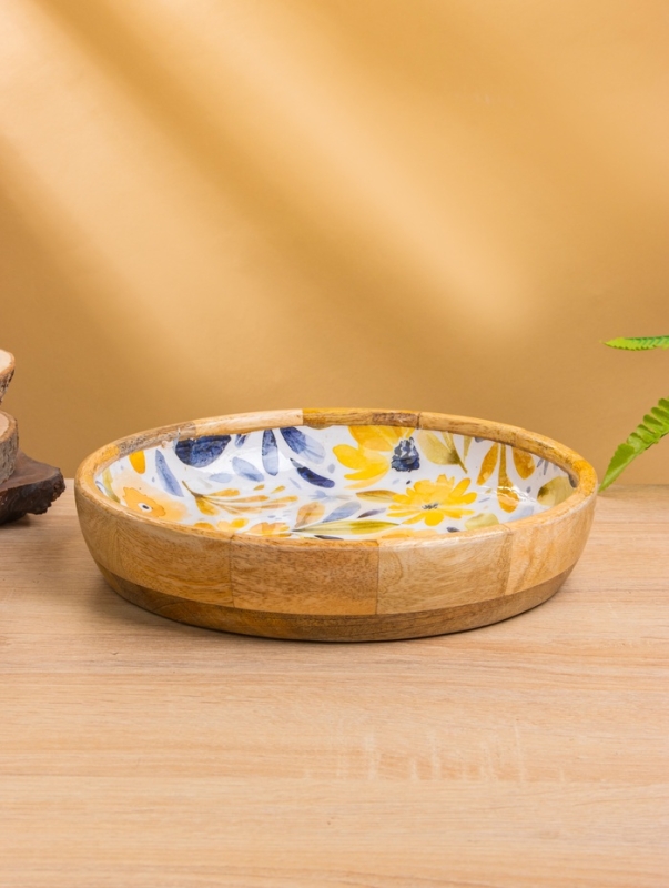 Блюдо "Желтые и синие цветы" дерево манго 25х25х4,5 см