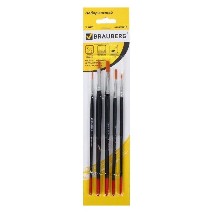 Набор кистей, синтетика, 5 штук, BRAUBERG (круглая, № 1, 2, 5, плоская № 5, 8), блистер