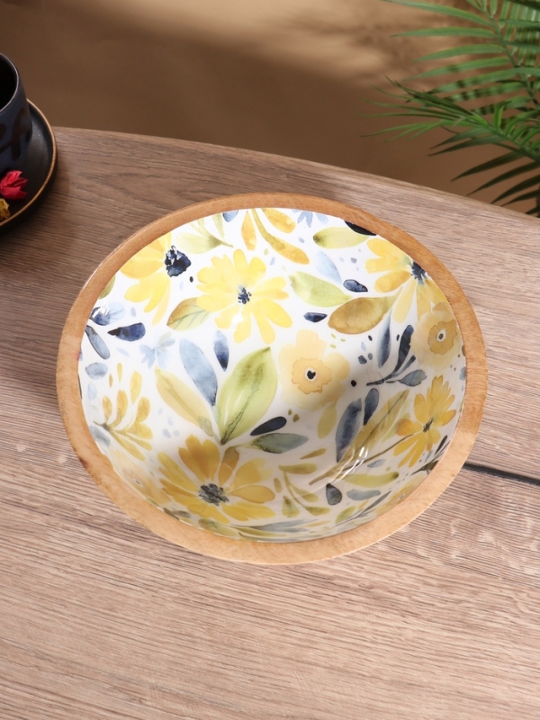 Салатник &laquo;Желтые и синие цветы&raquo;, 25&times;25&times;10 см, дерево манго