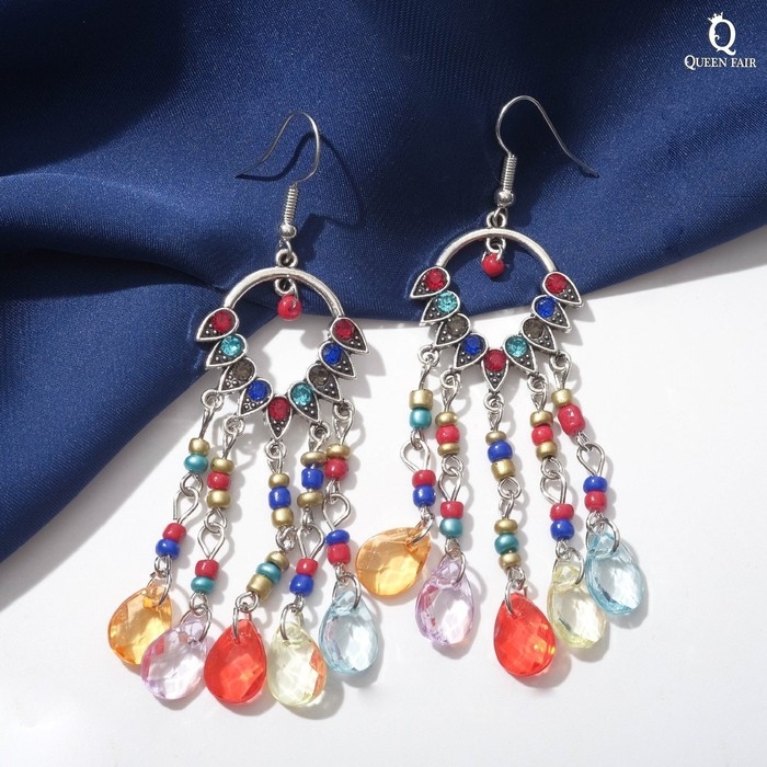 Серьги висячие со стразами &laquo;Восток&raquo; ловец снов, цветные в чернёном серебре, 8 см