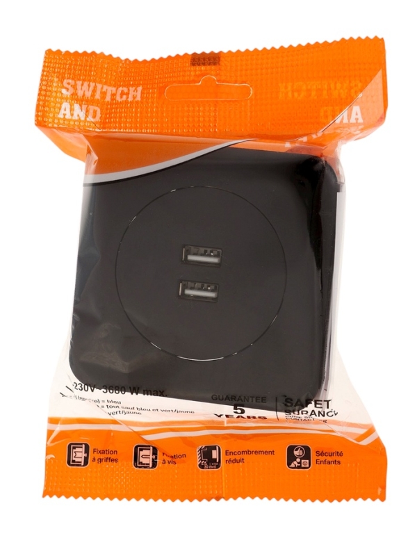 Розетка с 2 USB-A разъёмами, 2.1А, 5В, серия Розетка с 2 USB-A разъёмами, 2.1А, 5В, серия "Circular", 10 А, скрытая, черная