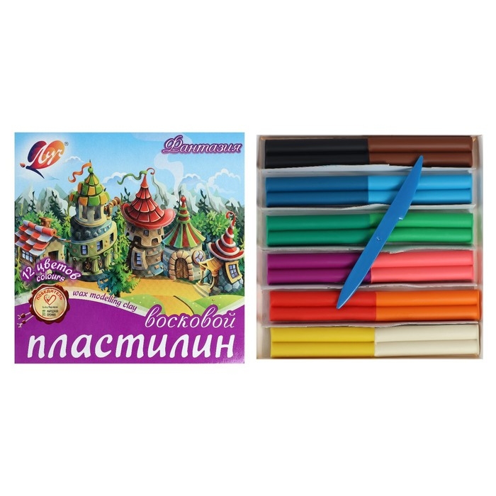 Пластилин мягкий (восковой), 12 цветов, 180 г, Пластилин мягкий (восковой), 12 цветов, 180 г, "Фантазия", со стеком, микс