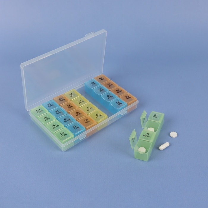 Таблетница - органайзер &laquo;Неделька&raquo;, съёмные ячейки, утро/день/вечер/ночь, 17,5 &times; 10,7 &times; 2,5 см, 7 контейнеров по 4 секции, разноцветная