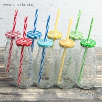 Бутыль стеклянная с крышкой и трубочкой &laquo;Соты&raquo;, 300 мл, 6,5&times;15,5 см, цвет МИКС