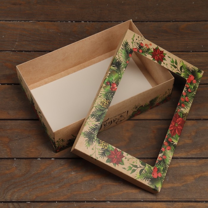 Новый год. Коробка подарочная новогодняя складная, крышка-дно , с окном Новый год. Коробка подарочная новогодняя складная, крышка-дно , с окном "С Новым Годом и новым счастьем" 30 х 20 х 9 см