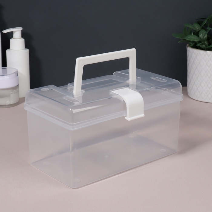 Органайзер для хранения, с крышкой, с ручкой, 19,5 × 12 × 11 см цвет прозрачный/белый Органайзер для хранения, с крышкой, с ручкой, 19,5 × 12 × 11 см цвет прозрачный/белый