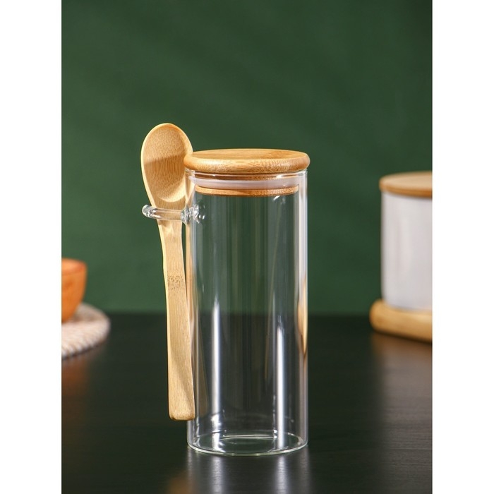 Банка стеклянная для сыпучих продуктов с ложкой BellaTenero &laquo;Эко&raquo;, 420 мл, 6,7&times;15,5 см, с бамбуковой крышкой